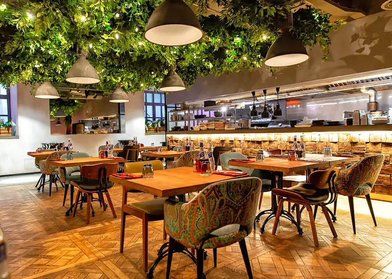 Bright colourful restaurant interior with low lighting after a Commercial Renovation