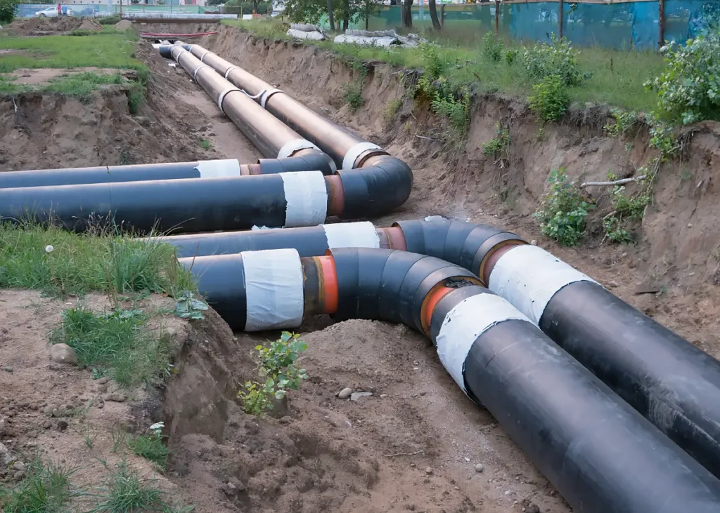 Large black piping in a trench is part of a District Heating Systems