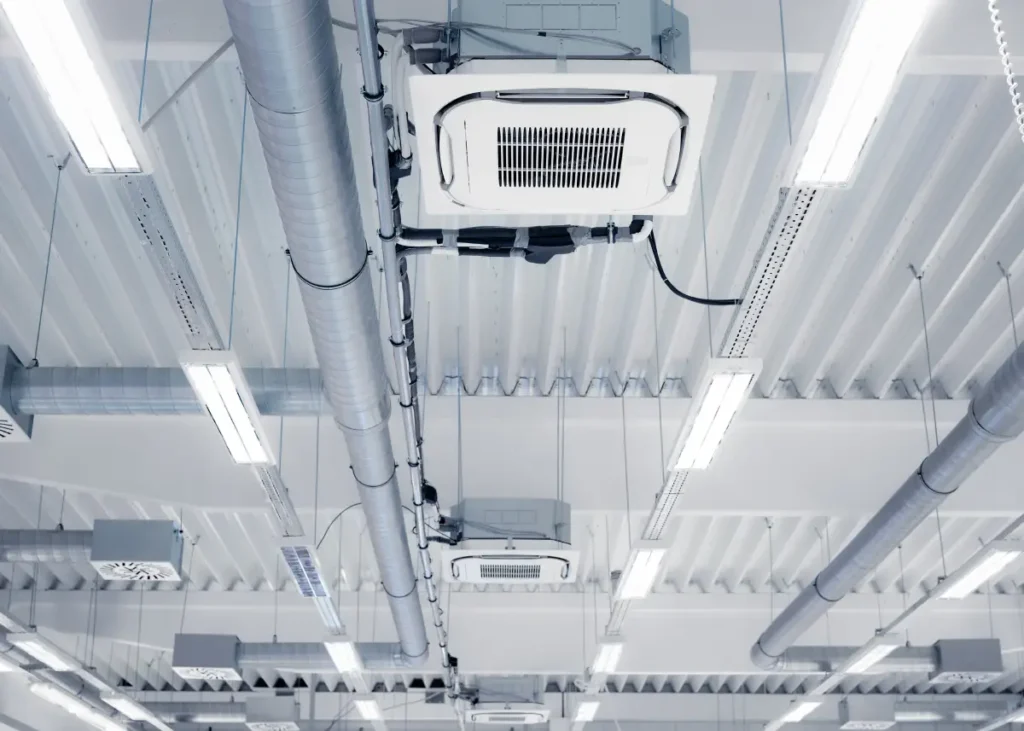 Ceiling ventilation and lighting in a commercial building M&E